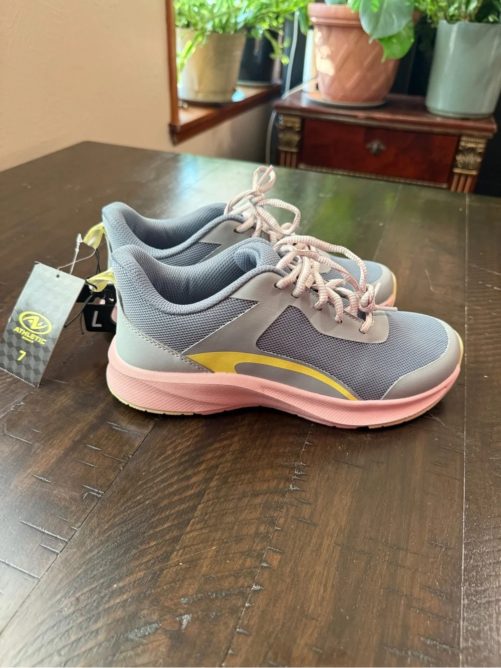 NWT Women's Athletic Works Summer Mesh Sneakers in Gray, Pink & Yellow Size 7